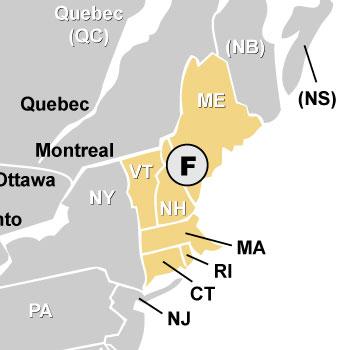 Map of CT, MA, RI, NH, VT, and ME Sales Rep States